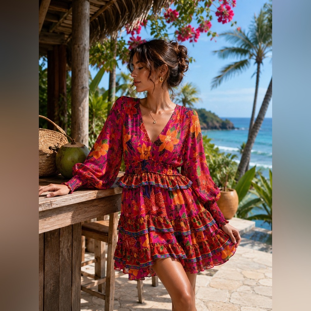 Farm Rio tropical tapestry tiered puff sleeve mini dress